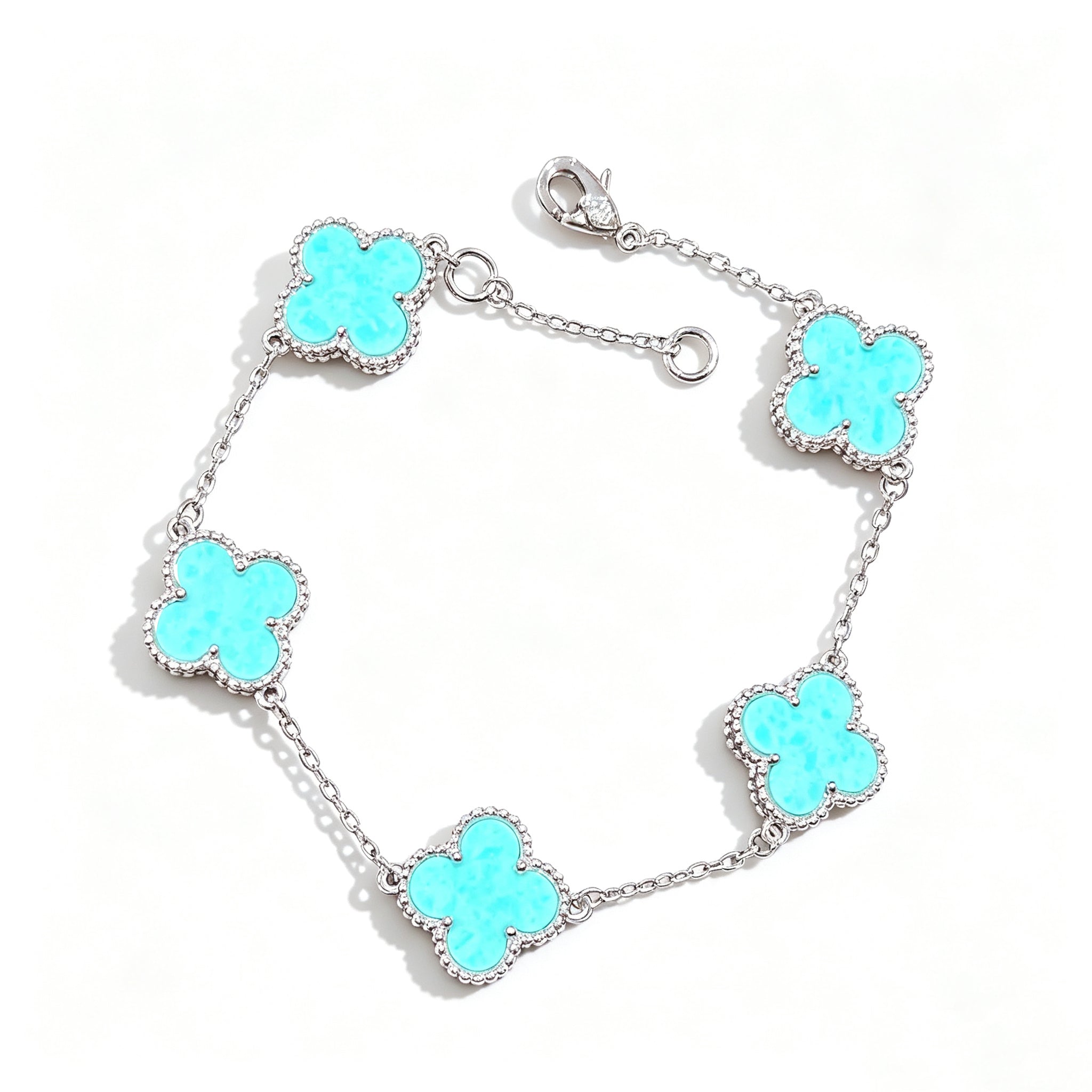 Light Blue Celadon Stone Purple Chalcedony Four Leaf Clover Necklace Bracelet Earring Set