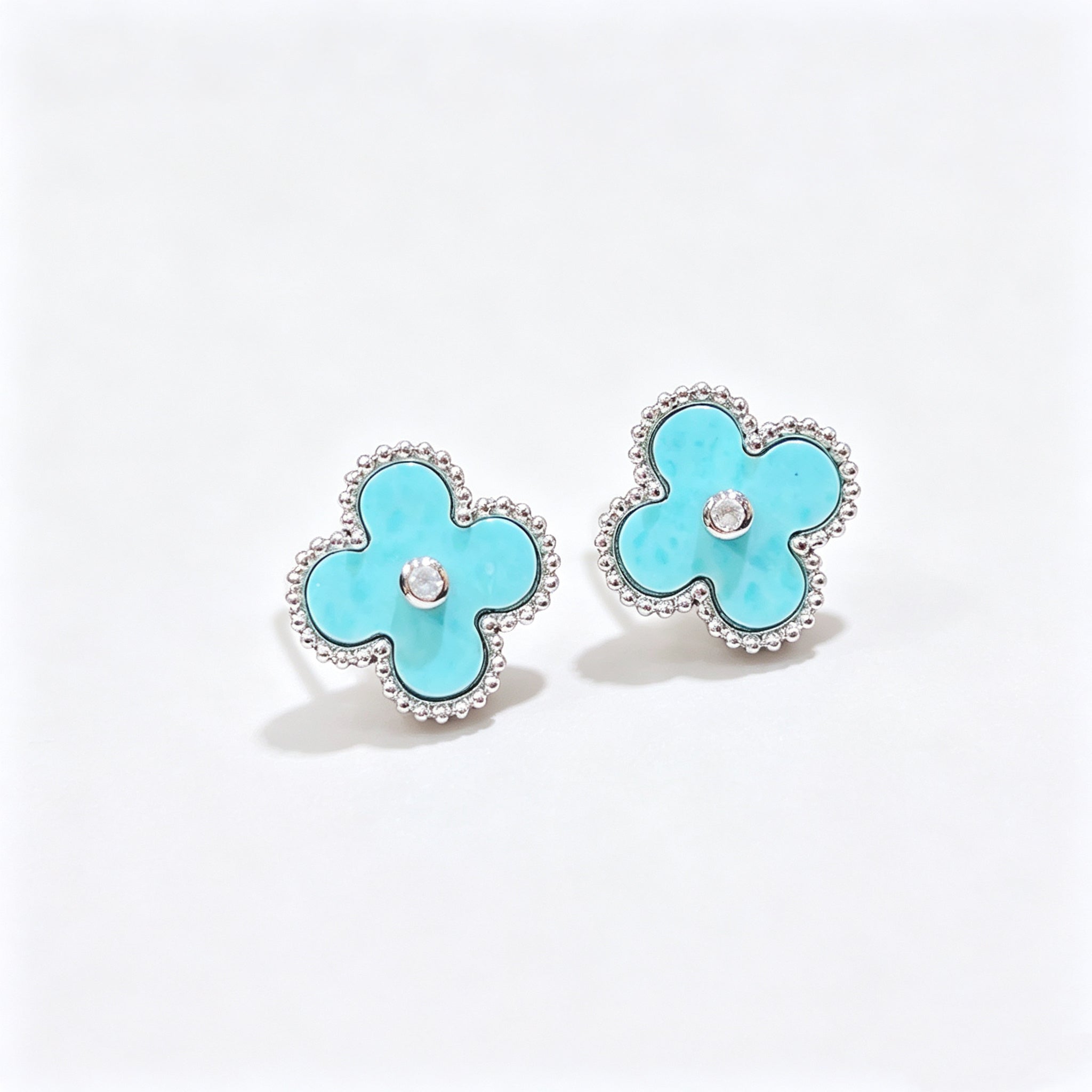 Light Blue Celadon Stone Purple Chalcedony Four Leaf Clover Necklace Bracelet Earring Set