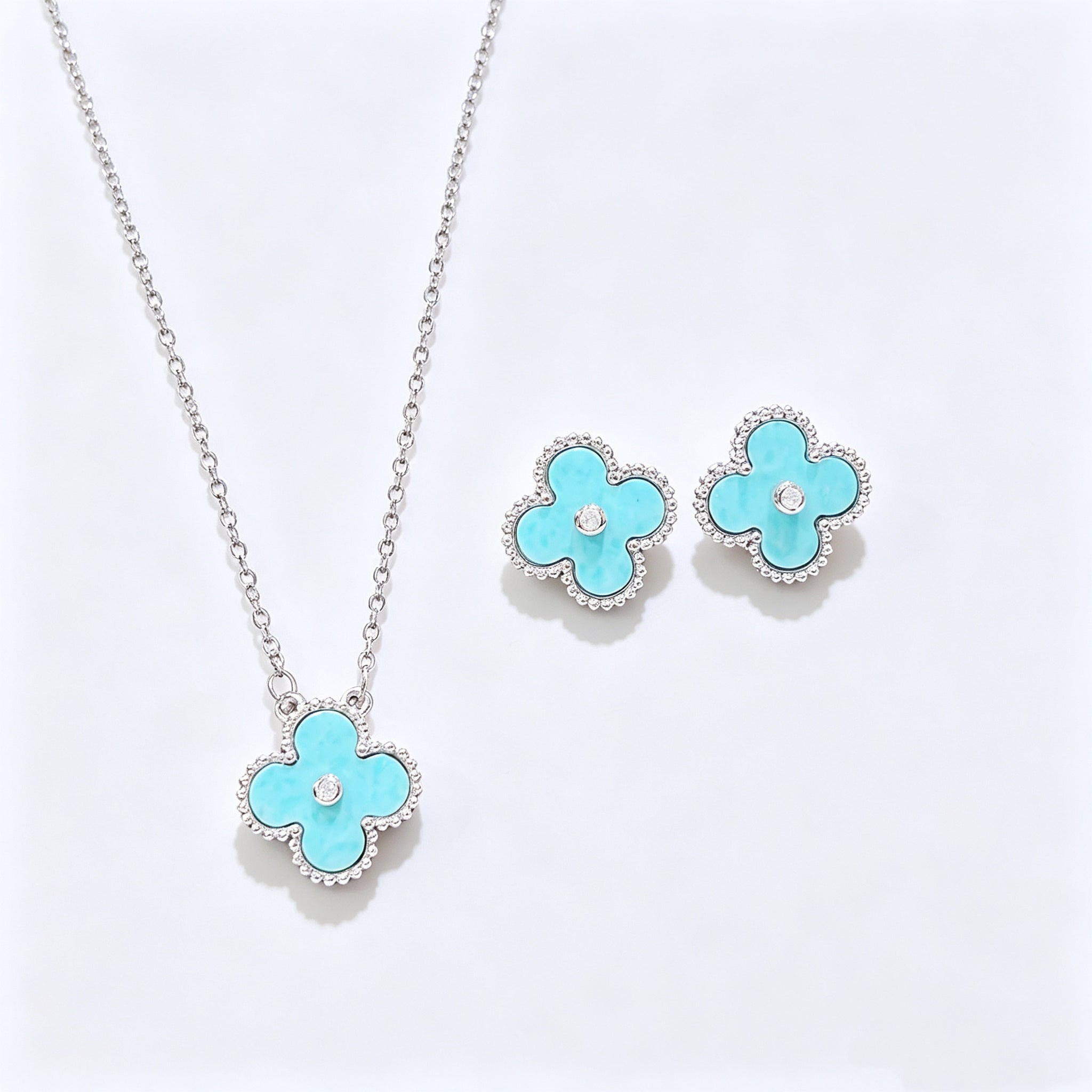 Light Blue Celadon Stone Purple Chalcedony Four Leaf Clover Necklace Bracelet Earring Set