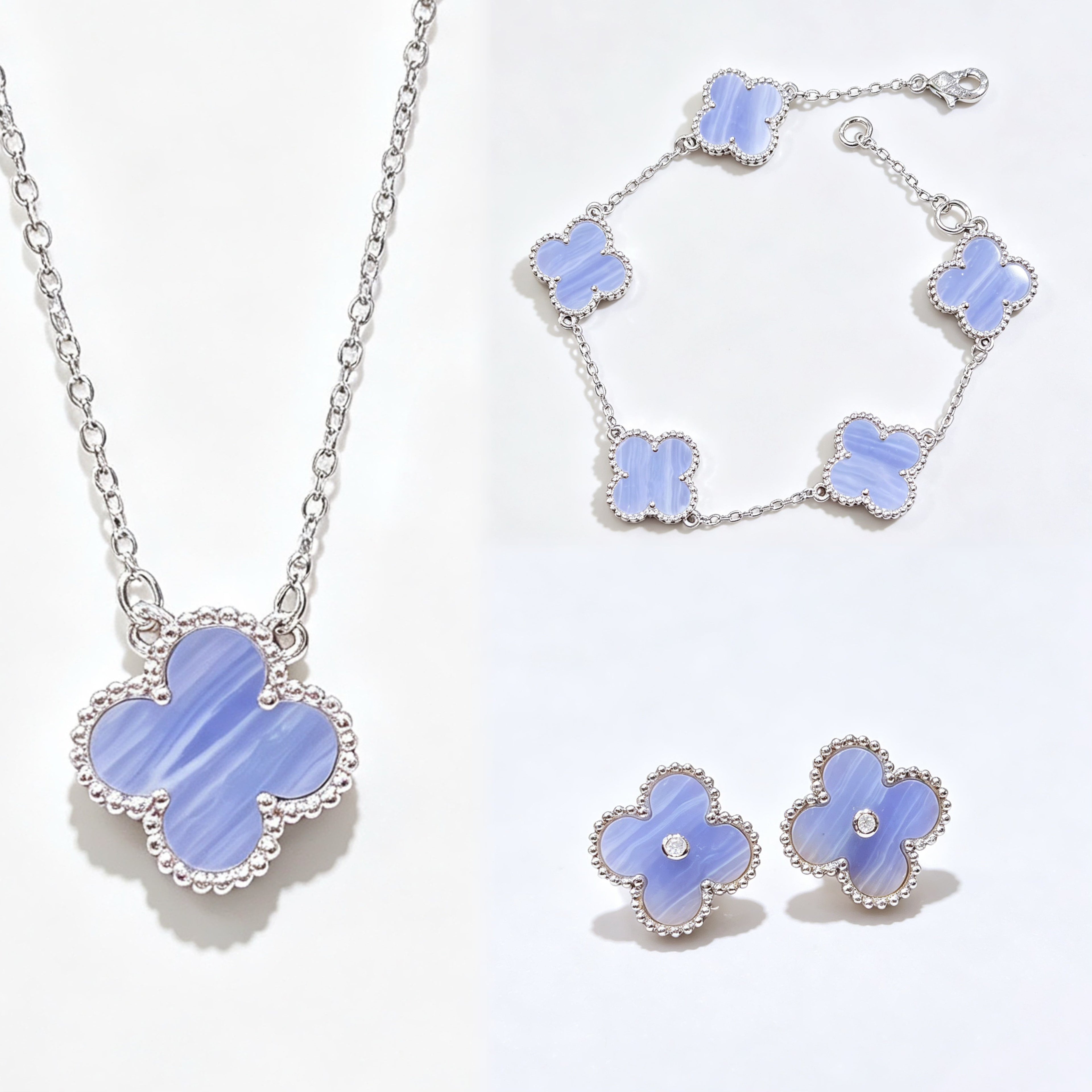Light Blue Celadon Stone Purple Chalcedony Four Leaf Clover Necklace Bracelet Earring Set