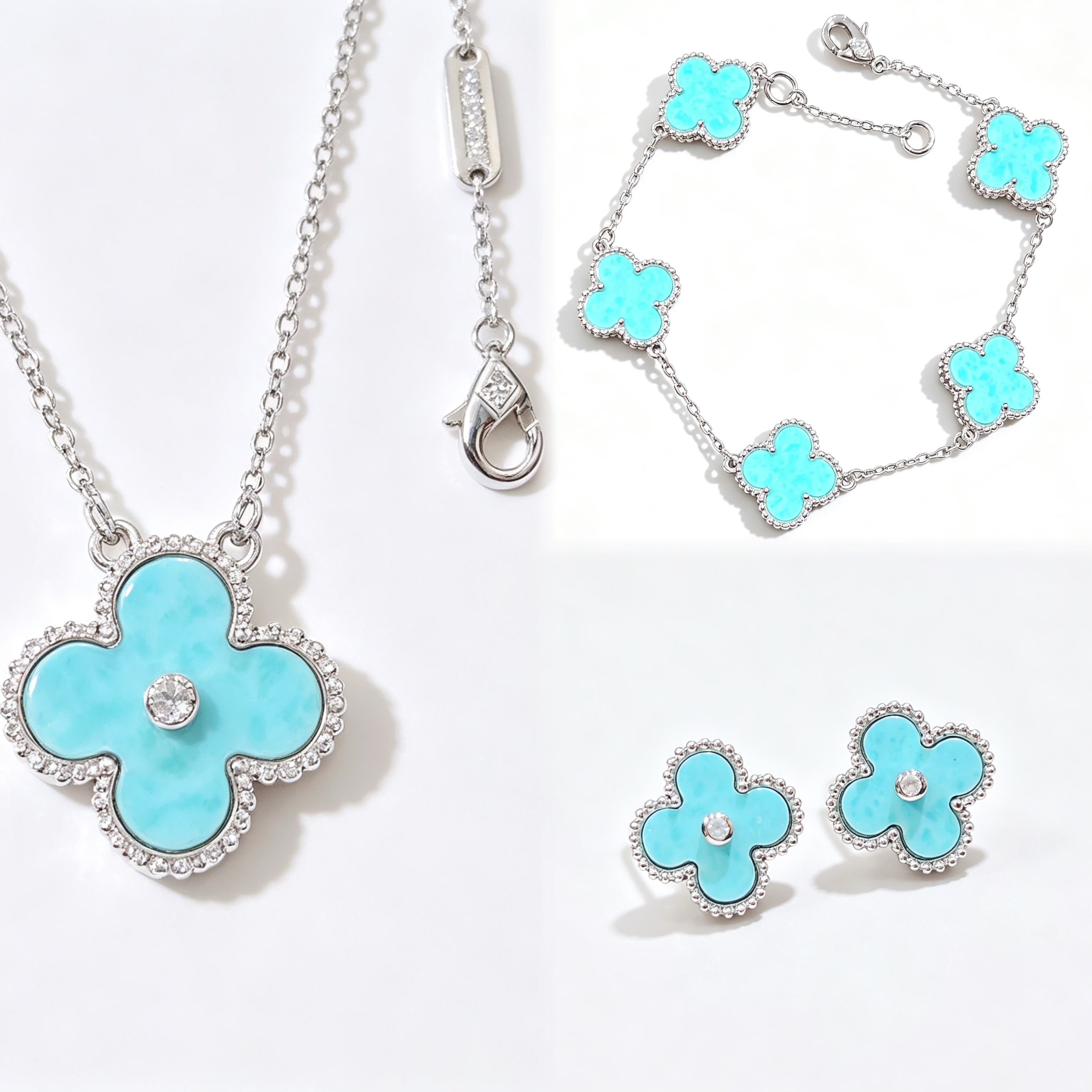 Light Blue Celadon Stone Purple Chalcedony Four Leaf Clover Necklace Bracelet Earring Set