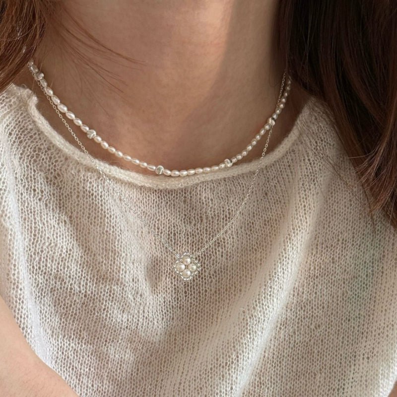 S925 Sterling Silver Woven Four Leaf Clover Natural Freshwater Pearl Necklace & Earring Set