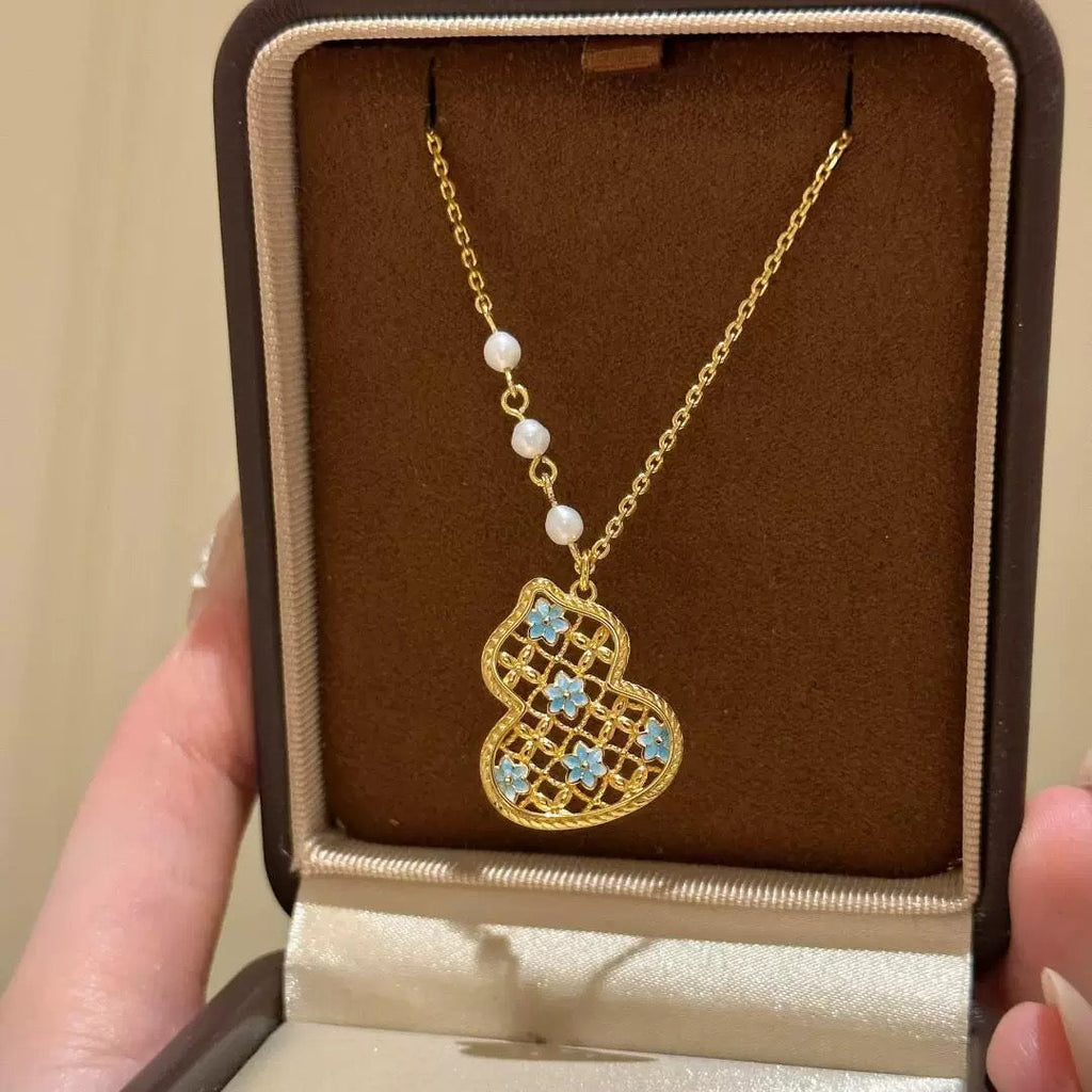 Gradient Blue Flower Enamel Hollow Gourd Jewelry Set
