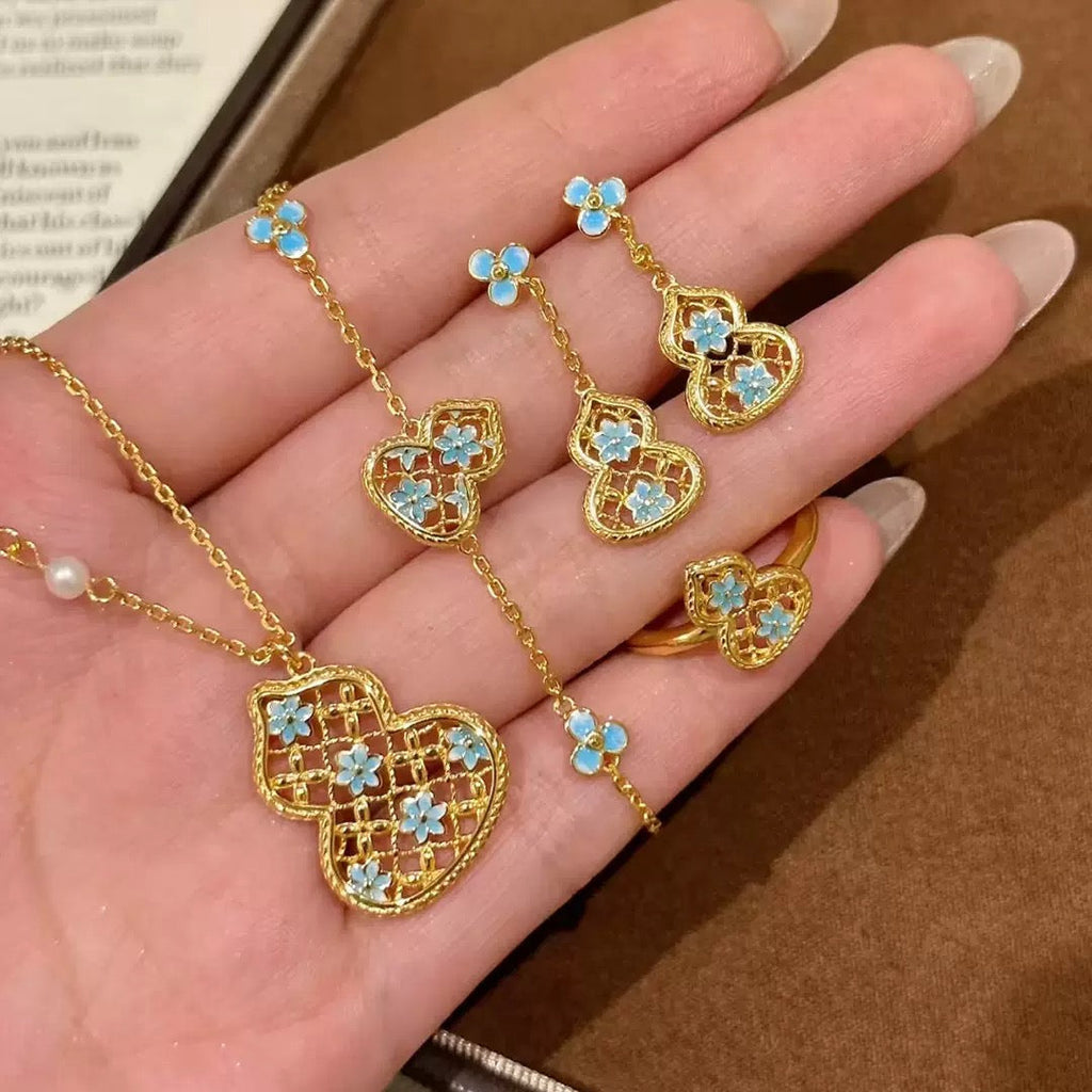 Gradient Blue Flower Enamel Hollow Gourd Jewelry Set