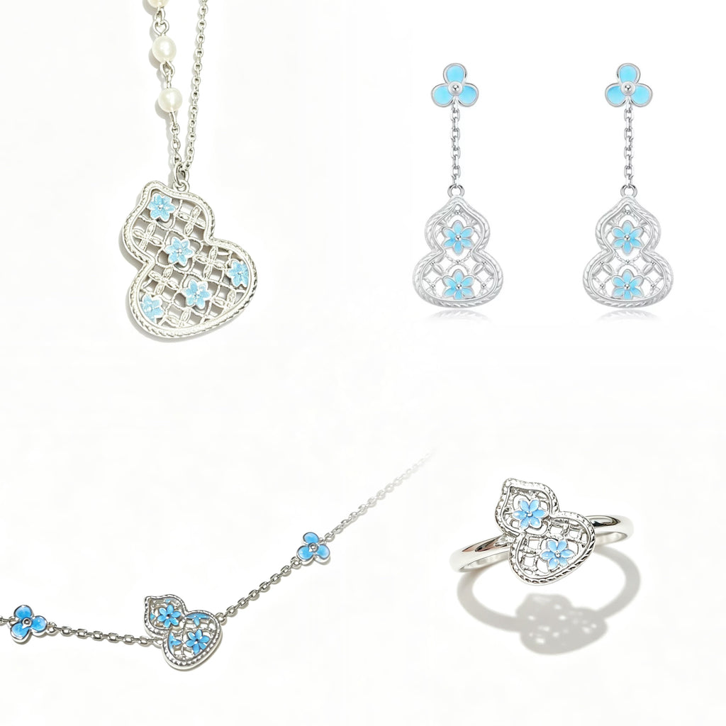 Gradient Blue Flower Enamel Hollow Gourd Jewelry Set