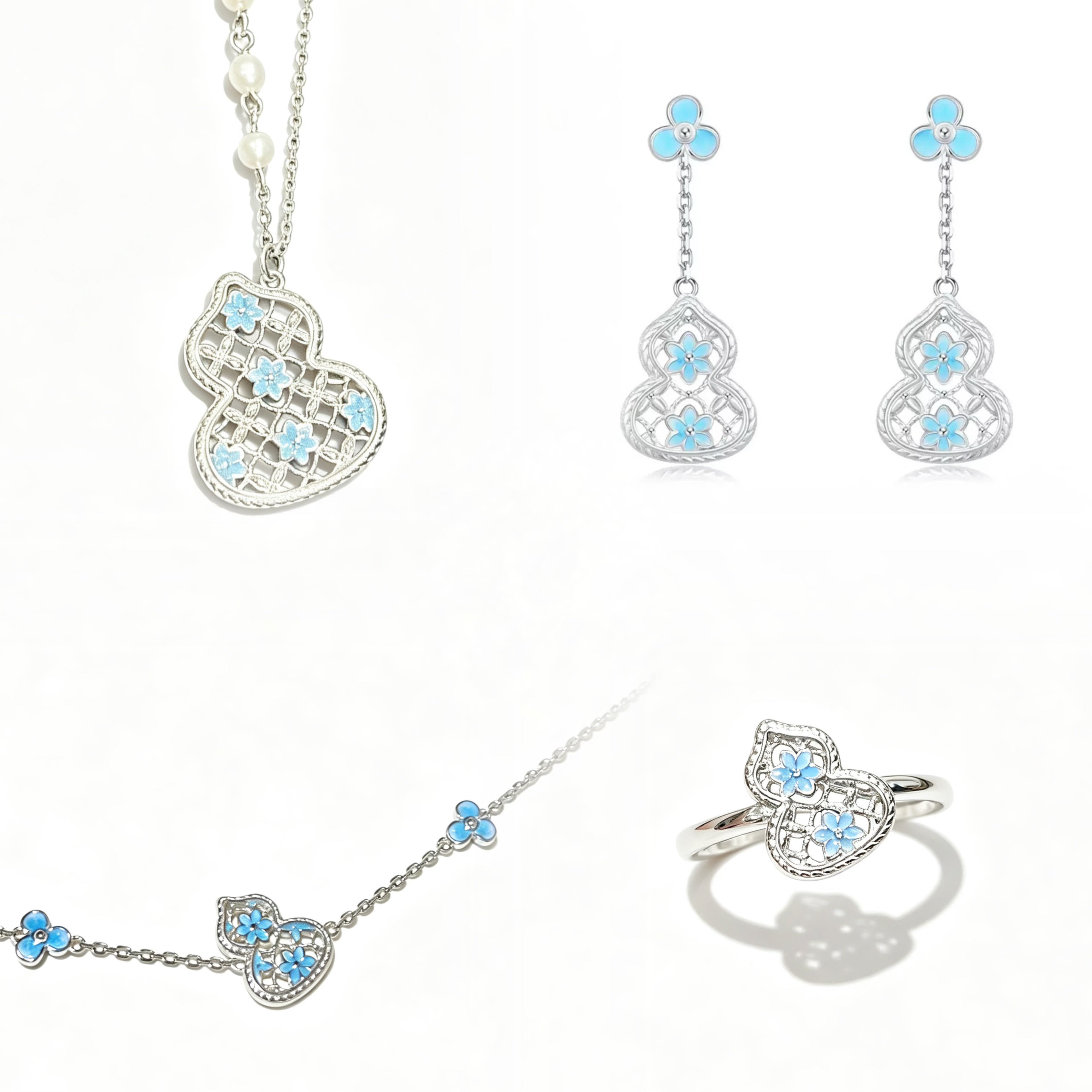 Gradient Blue Flower Enamel Hollow Gourd Jewelry Set