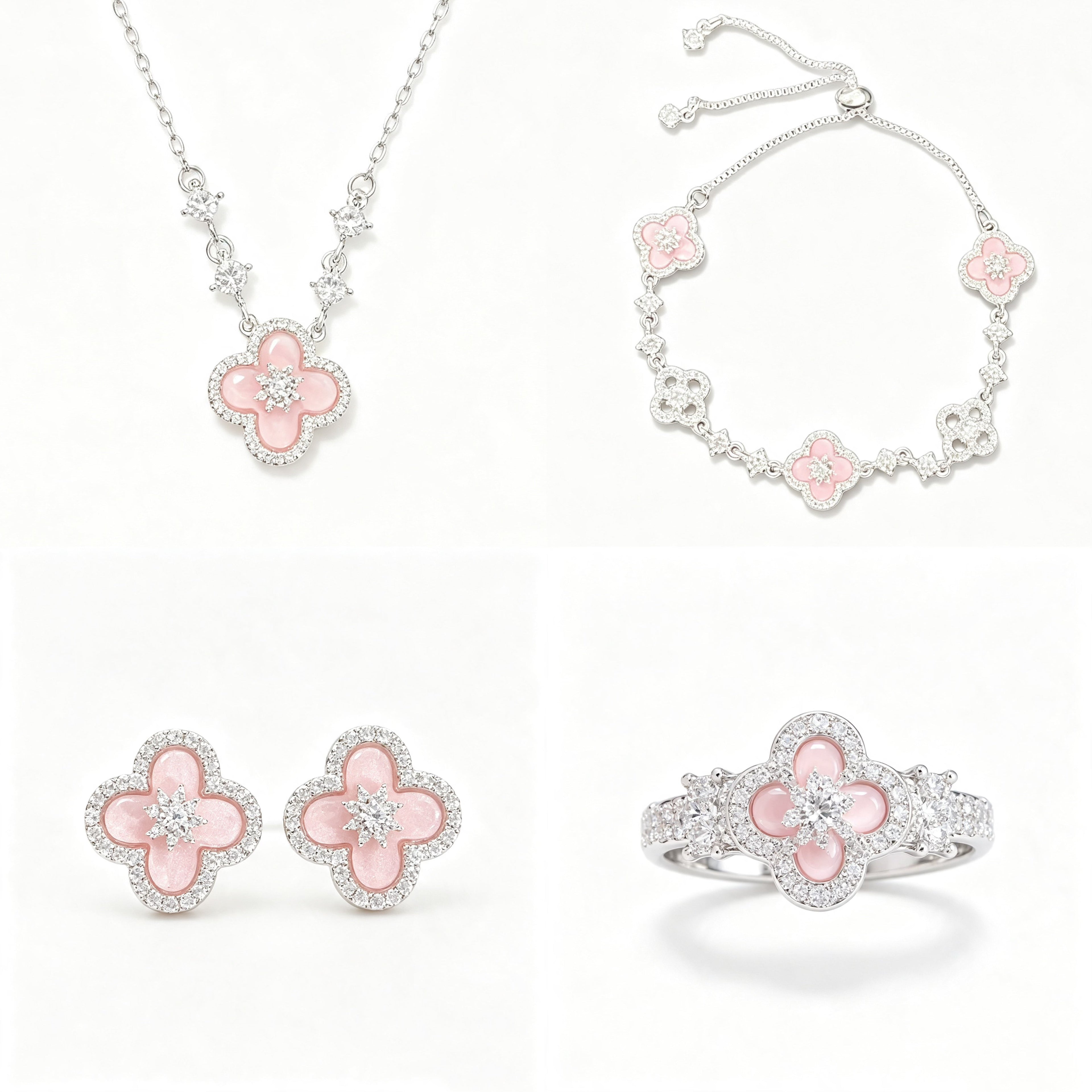 Pink Four-Leaf Clover Jewelry Set