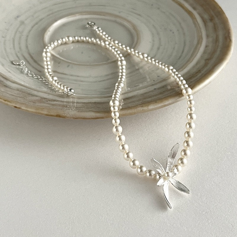 925 Sterling Silver Pearl Orchid Choker Necklace And Stud Earrings