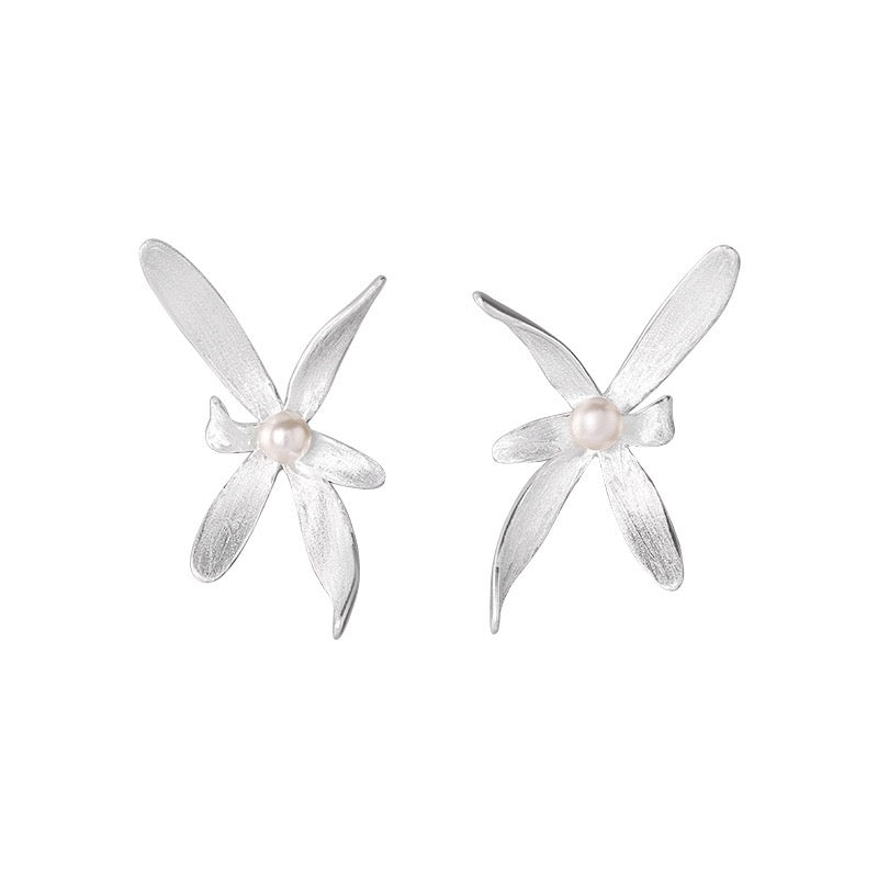 925 Sterling Silver Pearl Orchid Choker Necklace And Stud Earrings