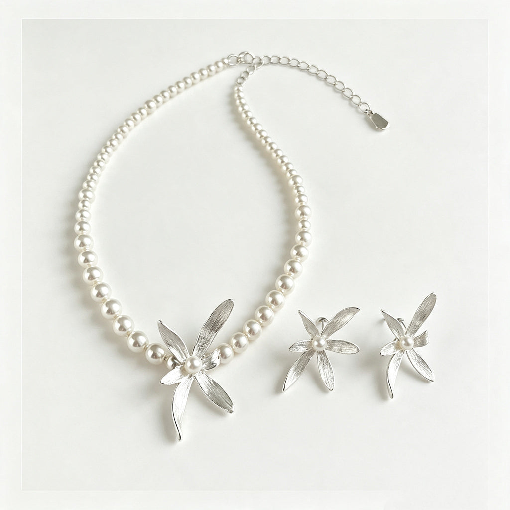 925 Sterling Silver Pearl Orchid Choker Necklace And Stud Earrings