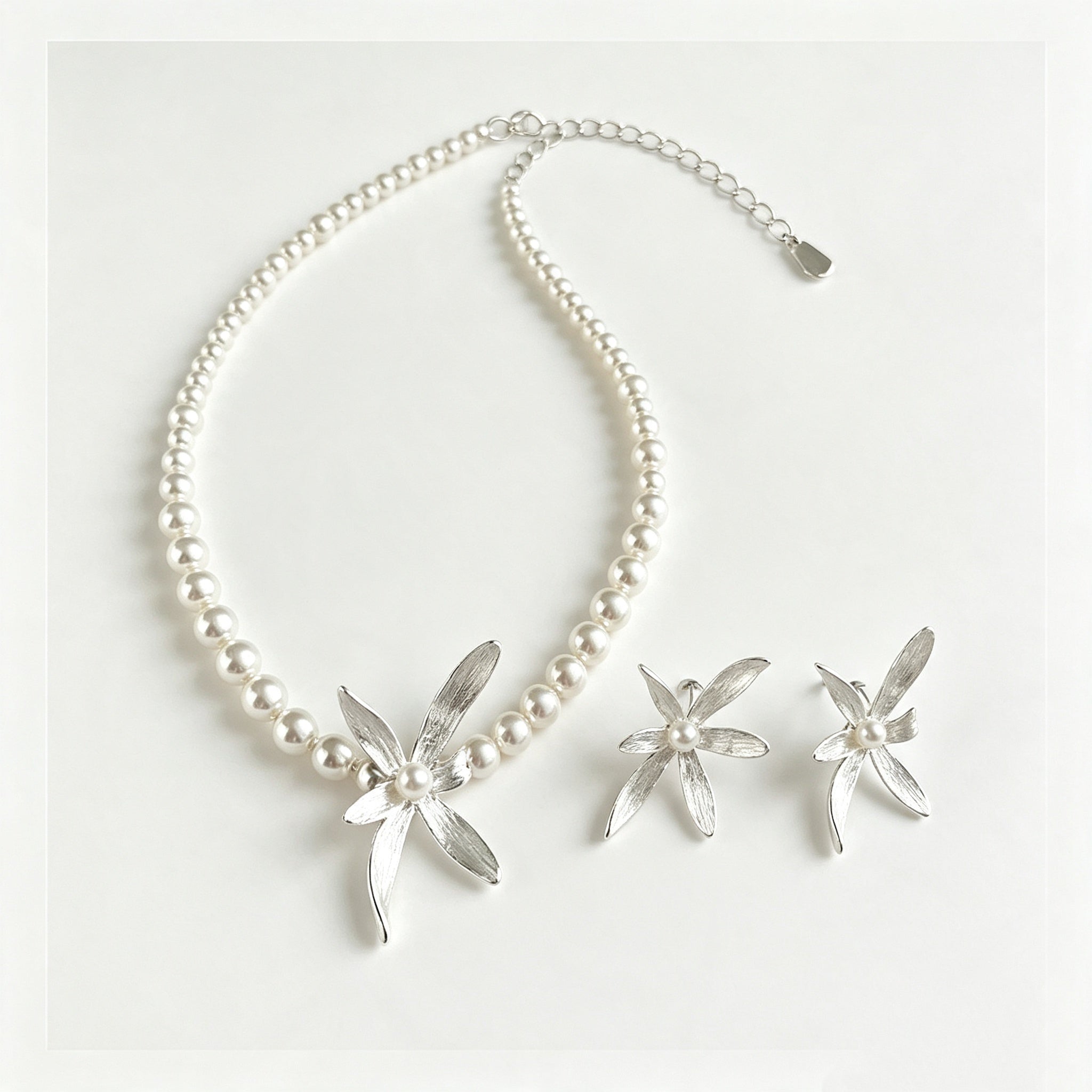 925 Sterling Silver Pearl Orchid Choker Necklace And Stud Earrings