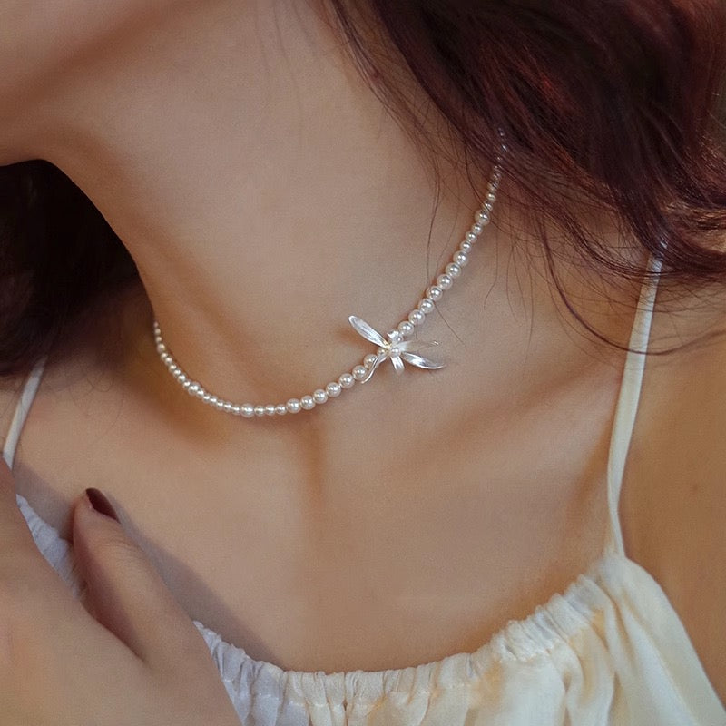 925 Sterling Silver Pearl Orchid Choker Necklace And Stud Earrings