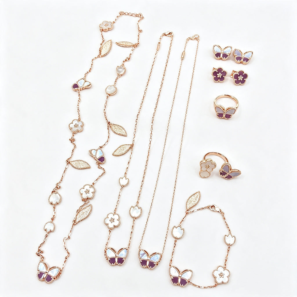 18K Gold Plated Purple Butterfly Mother Of Pearl Necklace Bracelet Earrings Ring