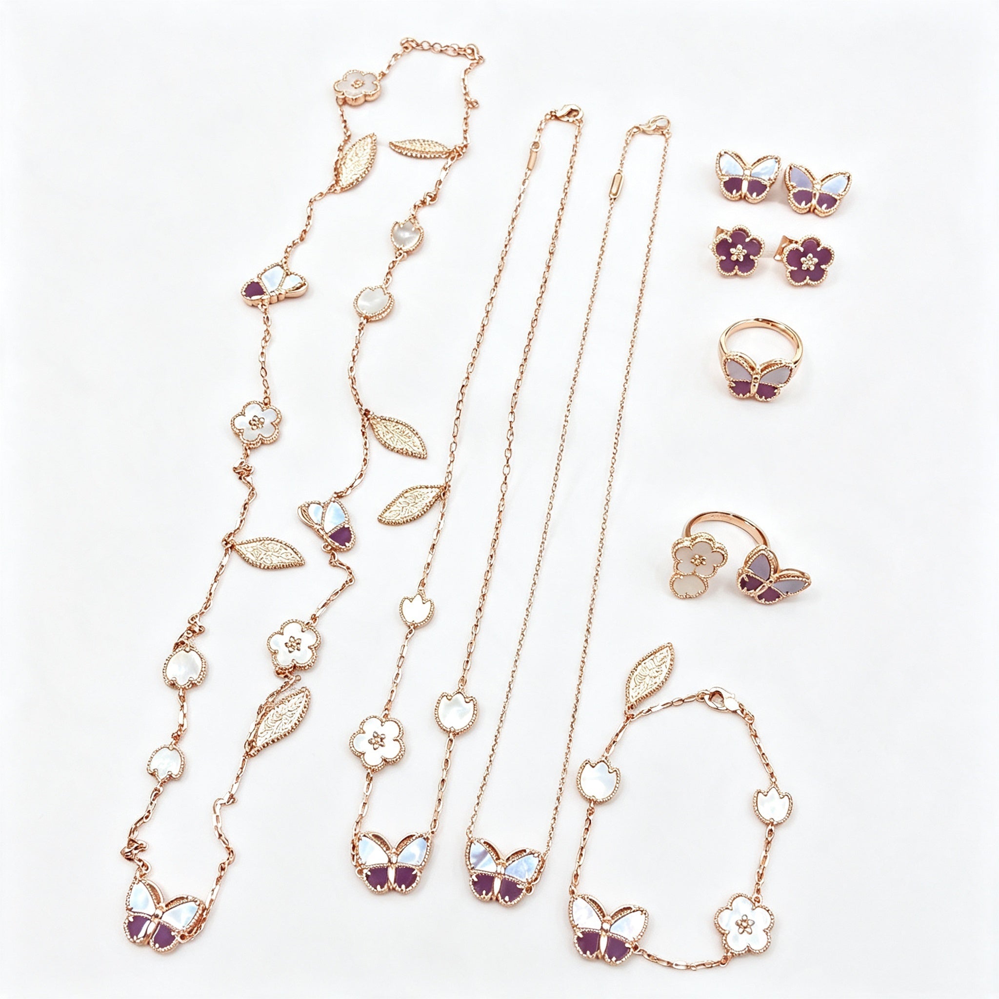 18K Gold Plated Purple Butterfly Mother Of Pearl Necklace Bracelet Earrings Ring