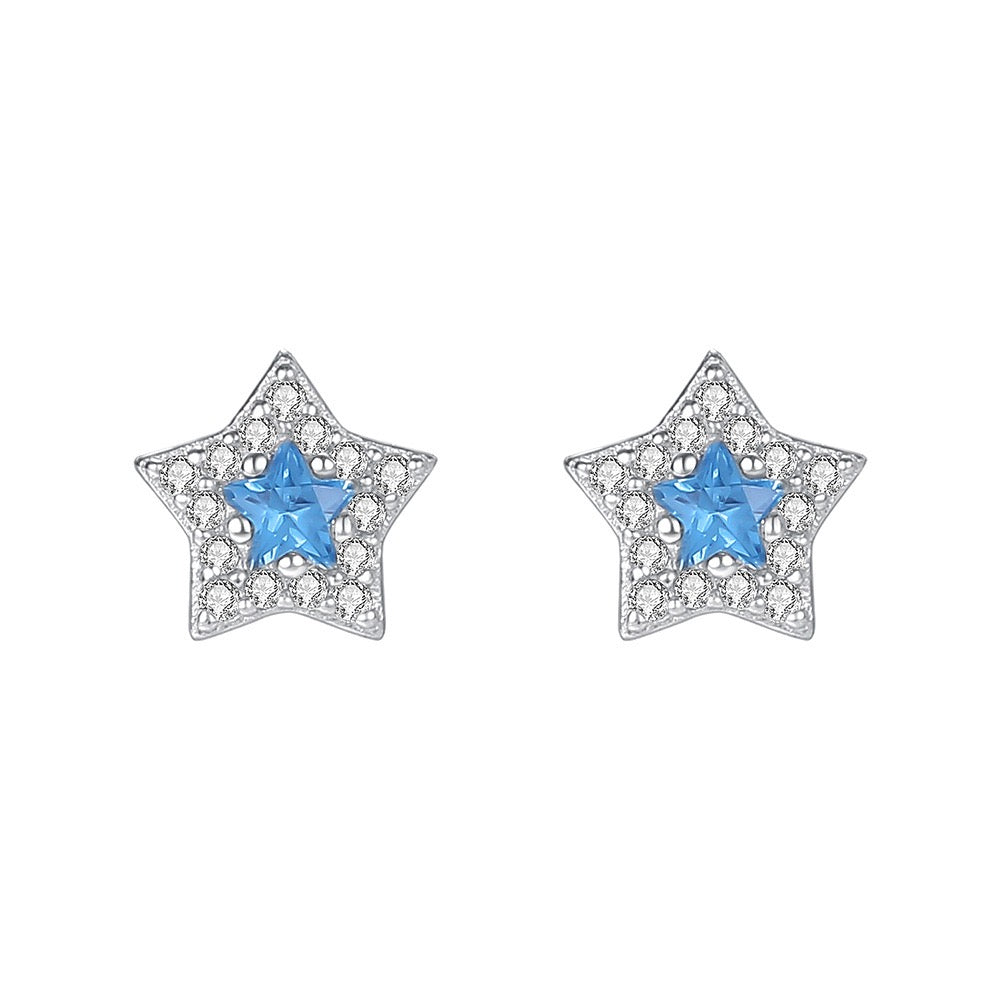 S999スターリングシルバーイヤリング、ブルースピネルとホワイトジルコン、ロジウムメッキ