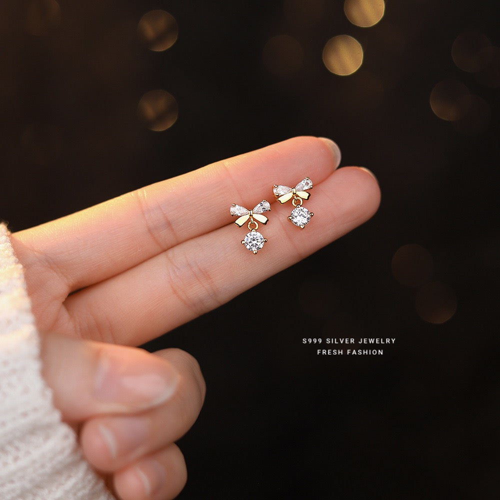 S999 Pure Silver Zircon Bow Earrings