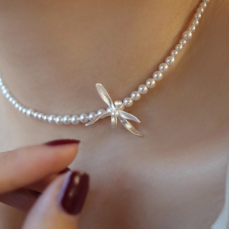 925 Sterling Silver Swarovski Pearl Orchid Necklace Earrings Set