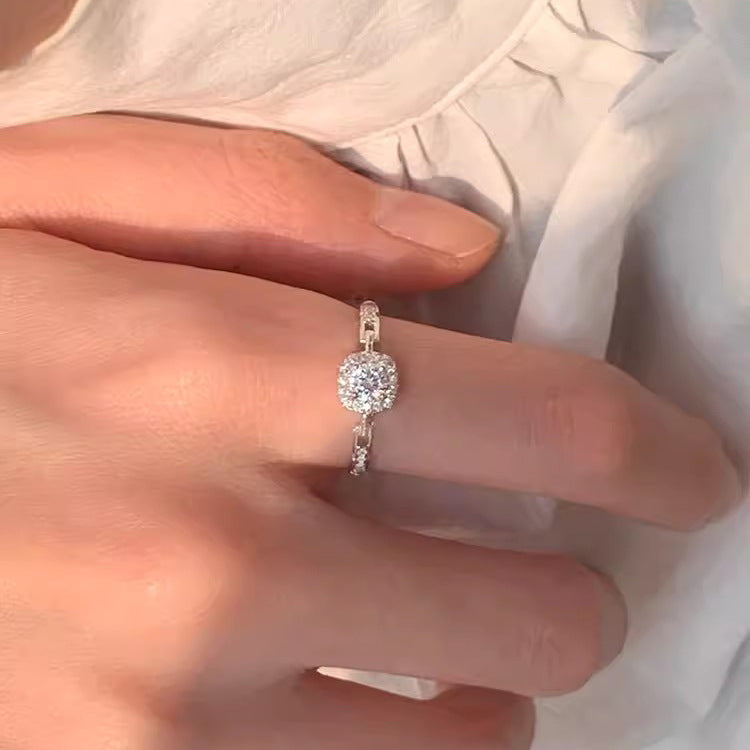 S925 Sterling Silver Zircon Square Diamond Chain Ring