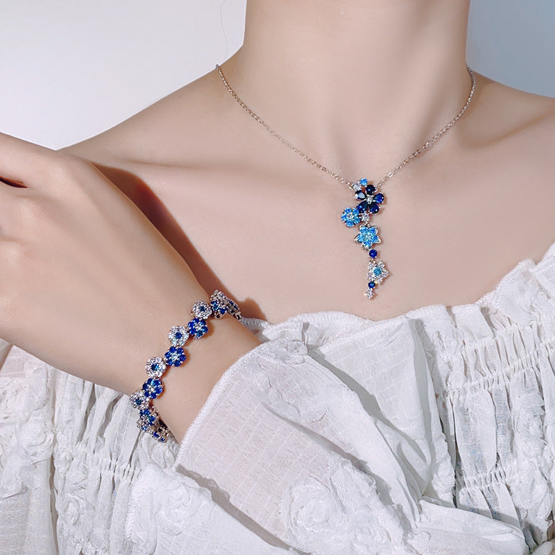 Blue Spiked Crystal Flower Bracelet Necklaces