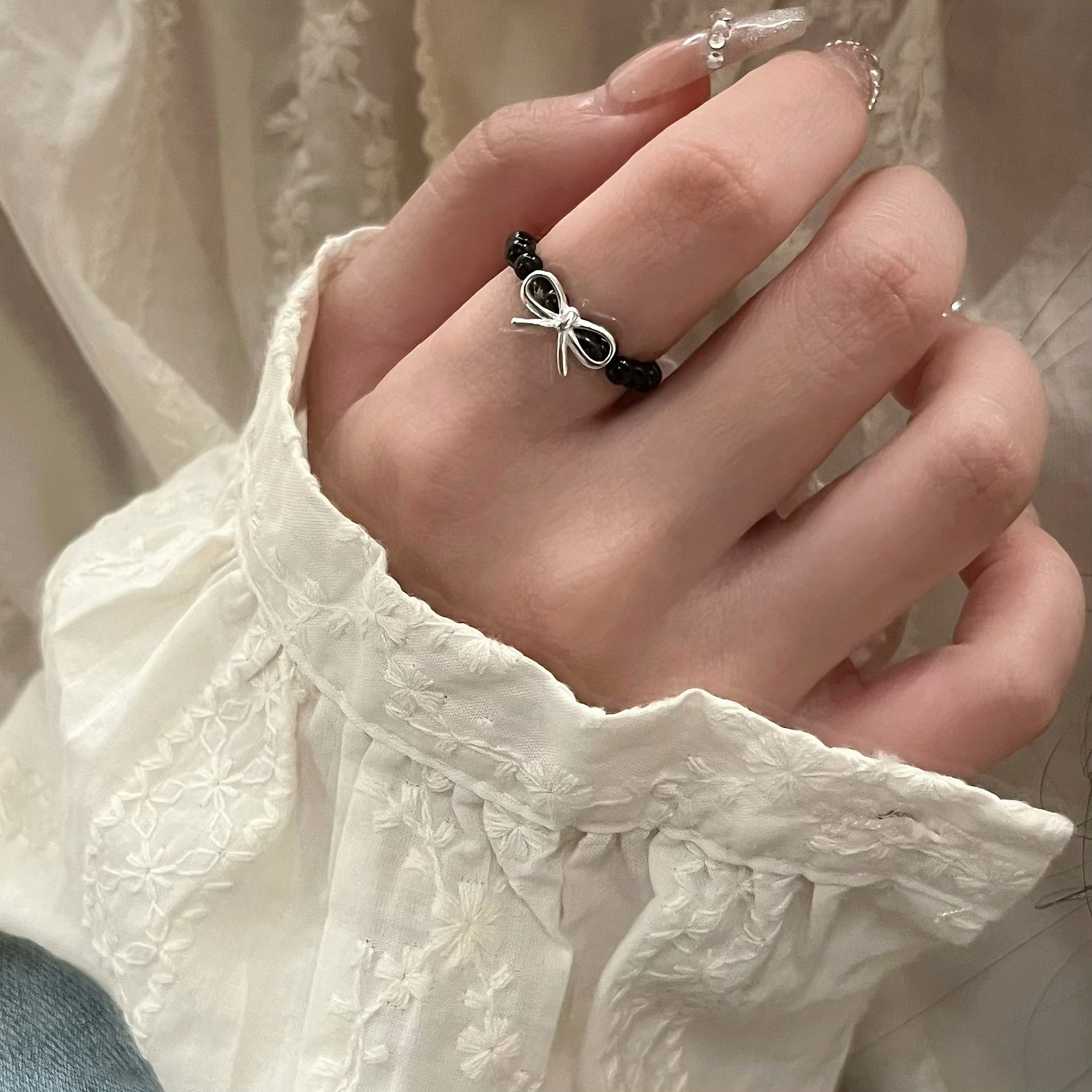 S925 Sterling Silver Bow Beaded Ring