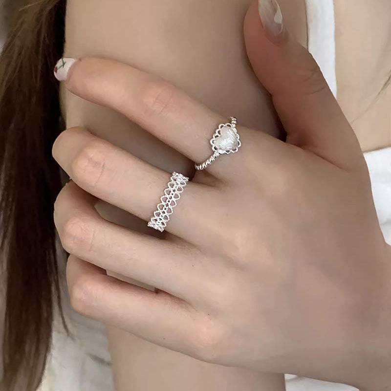 S925 pure silver brushed heart lace lace open ring