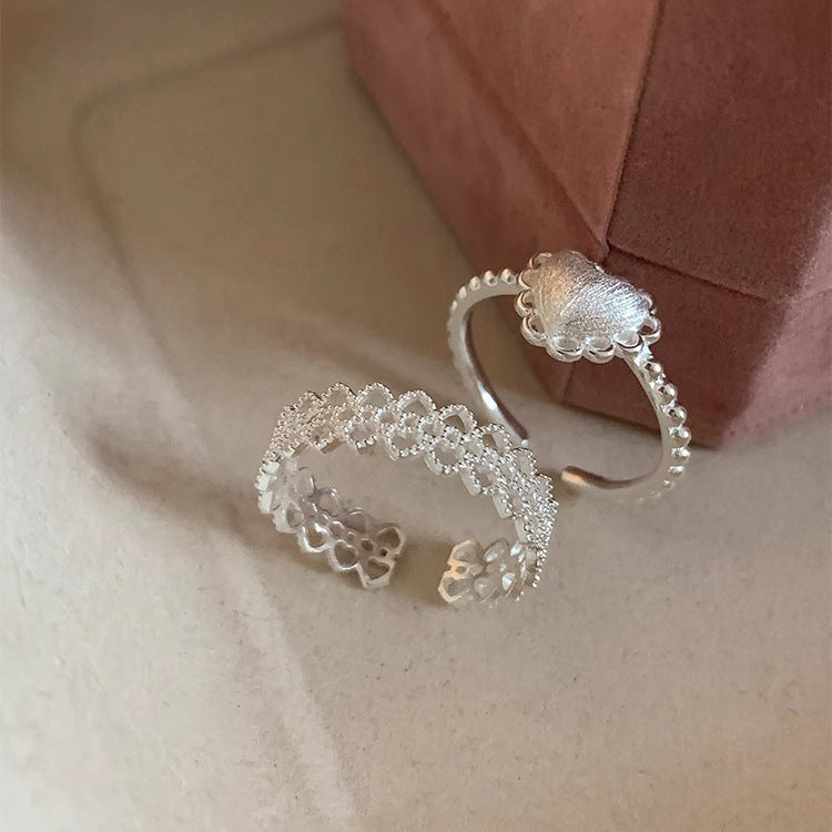 S925 pure silver brushed heart lace lace open ring