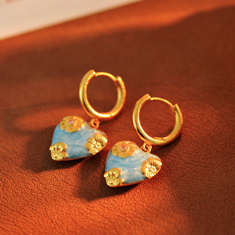 Oil painting sky blue drop glaze carved earrings necklace