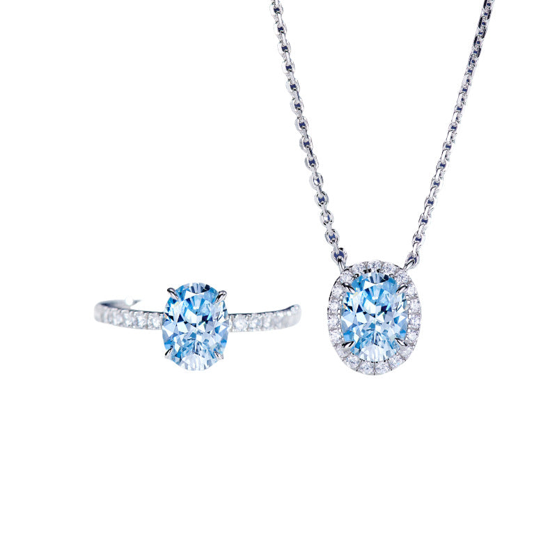S925 Sterling Silver Aquamarine Oval Pigeon Egg Diamond Ring Necklace