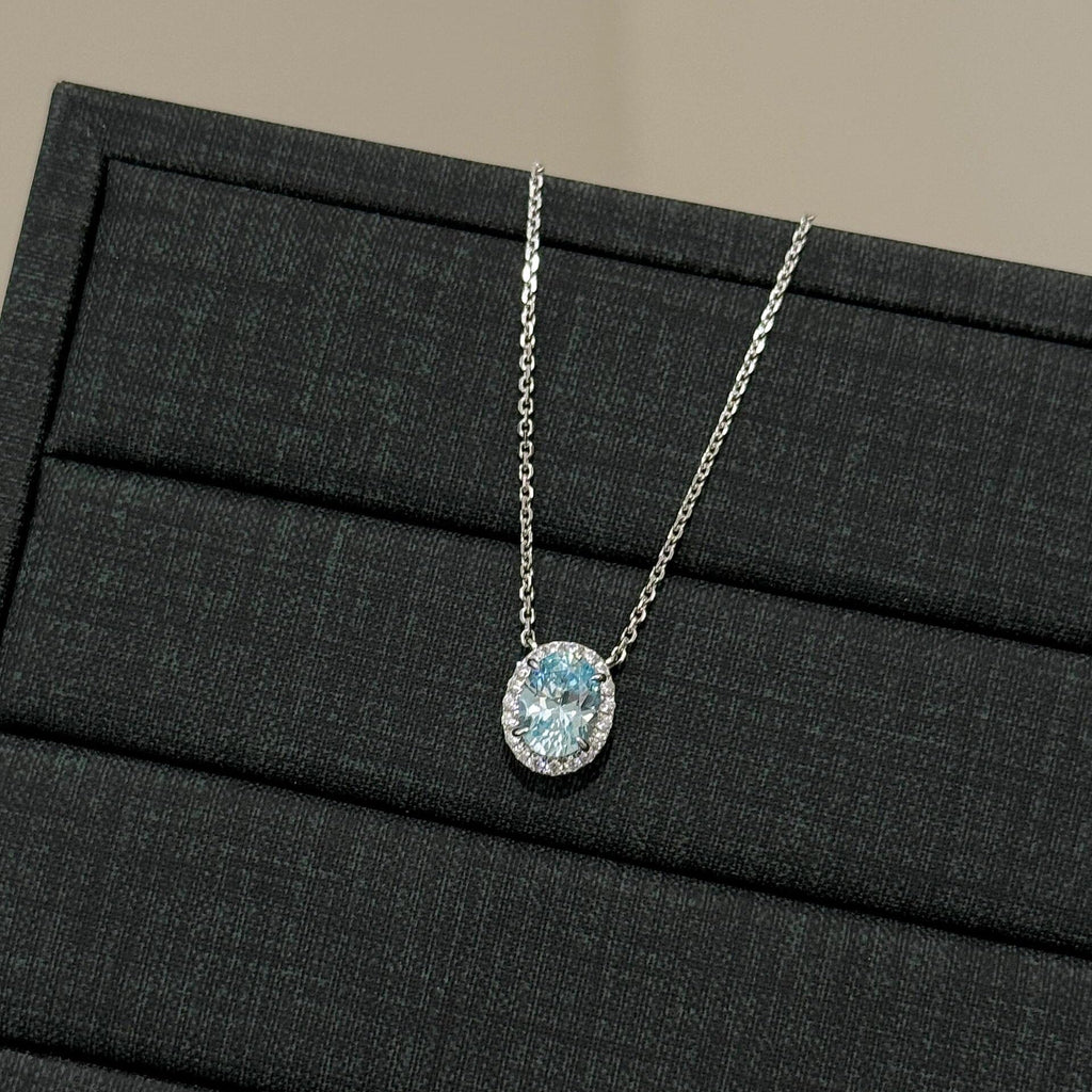 S925 Sterling Silver Aquamarine Oval Pigeon Egg Diamond Ring Necklace
