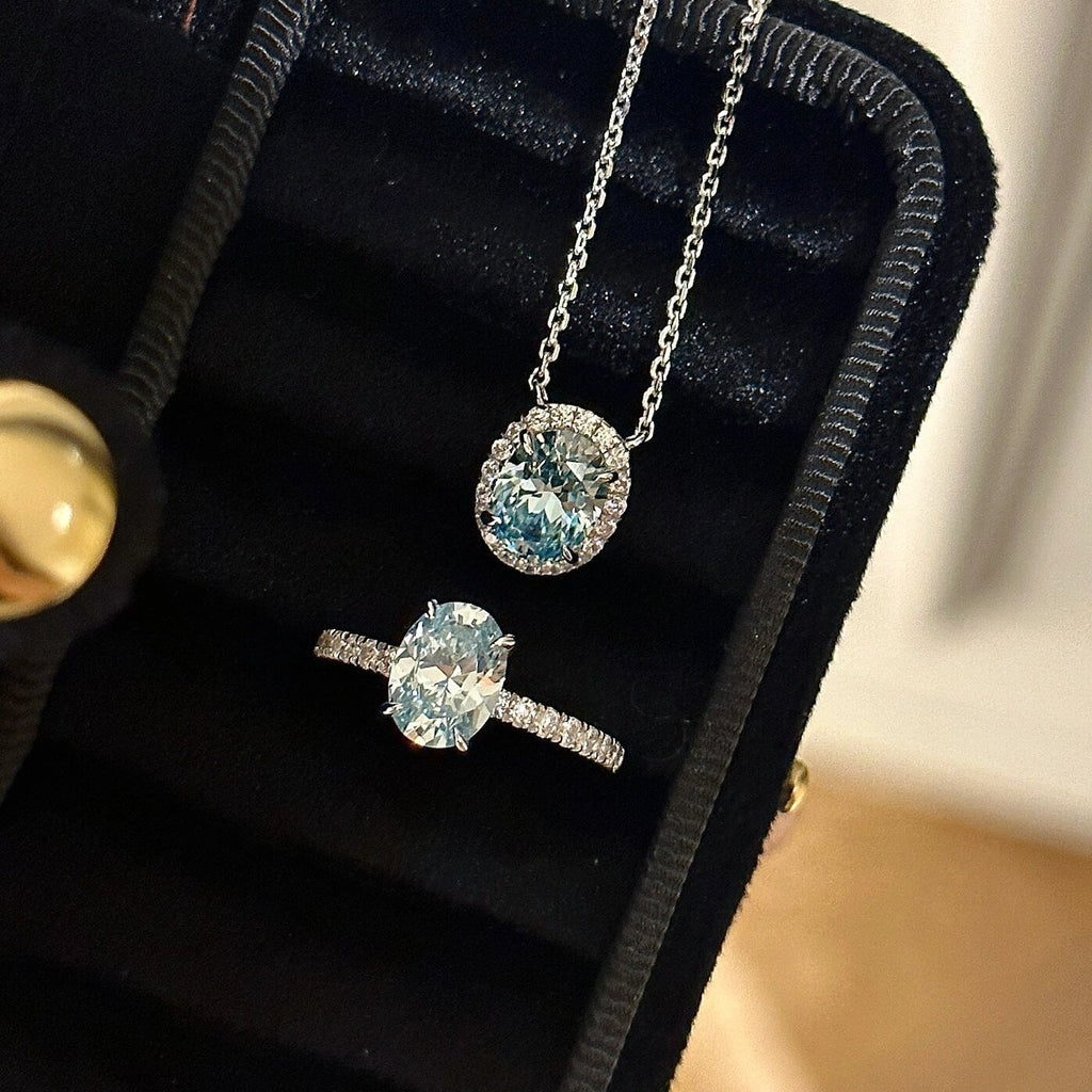 S925 Sterling Silver Aquamarine Oval Pigeon Egg Diamond Ring Necklace