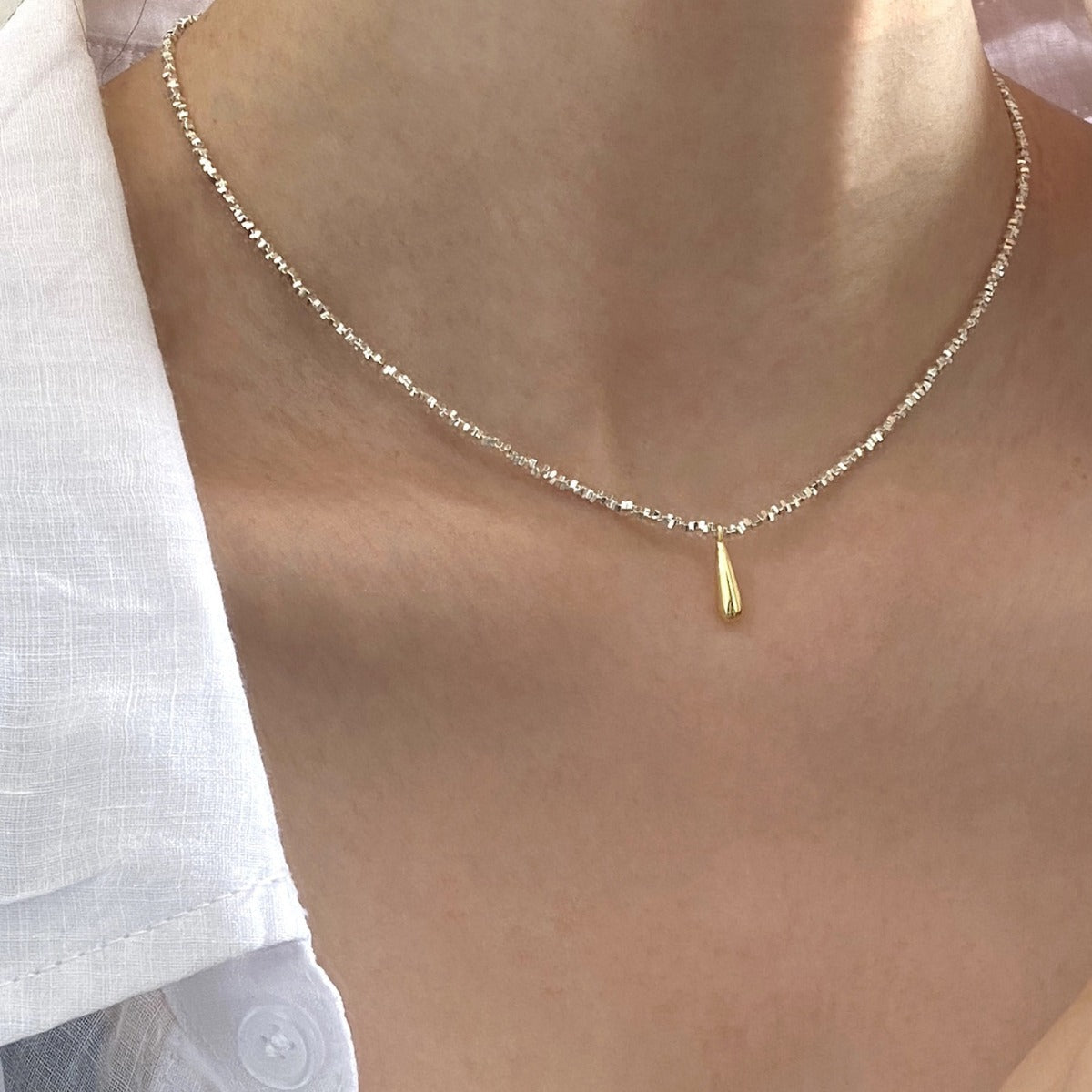 925 Broken Silver Golden Water Drop Cat Eye Necklace