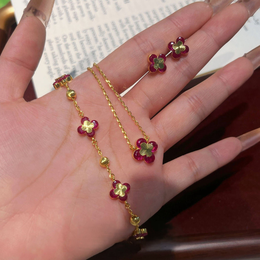 Red corundum blue white diamond four-leaf clover laser necklace bracelet earrings set